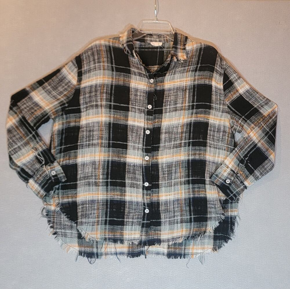 La Miel Plaid Button Up Shirt Medium Black Yellow/Orange Frayed Hem Raw Edge
